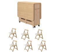 Extendable Wooden Folding Dining Table Set with 6 Chairs - Perfect for Kitchen Dining Room Living Room and Restaurant Use - Space-Saving Drop Leaf Design