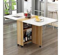 ExtendableFoldingDiningTablewith6WheelsSpaceSavingDropLeafDesignGatelegTablewithOpenStorageShelvesforWorkStudy&Dining140cmWood+White/Black