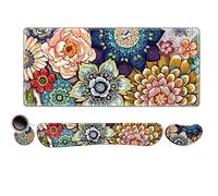 Extended Gaming Mouse Pad, Memory Foam, Ergonomic Keyboard, Mouse, Wrist Rest, Large Desk Mat with Stitched Edges, Game and Office Room, Colorful Floral Pattern