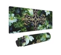 Extended Gaming Mousepad Non-Slip Large Mouse Pad with Stitched Edges | Black Cross Among Green Flowers Keyboard Desk Pad Mat For Gaming, Office And Home Office Desk Protector 12x31.5in