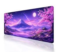 Extended Large Gaming Mouse Pad, Purple Galaxy Mount Fuji Desk Mat, Full Moon Cherry Blossom Lake Landscape Long Mousepad, Japanese Night Sky Aesthetic Desk Decor Gift for Gamers Men Women Office Home
