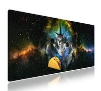 Extended XXL Gaming Mouse Pad with Stitched Edges for PC Home & Office - Curious Cat Flying Through Galaxy Space Reaching for a Taco Cute Kitten Funny Design, Smooth Fabric Surface Large Desk Mat