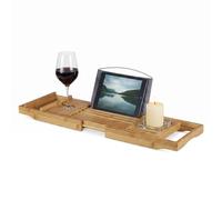 Extending bamboo bathtub caddy Wooden Bath Shelf Lightweight Glass Holder