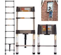 Extension Attic Ladder 2.6M Telescopic Loft Ladder, Stainless Steel Multi-Purpose Collapsible Industrial Ladder with Adjustable Step for Roof Work, Window Cleaning, Indoor Decorating, Max Load 330lbs