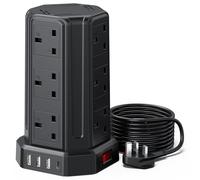 Extension Lead 5M, [13A 3250W] 12 Way Tower Extension Lead Multi Plug Extension Sockets with 4 USB Slots, Surge Protector Extension Cable 5M for Home, Office, Kitchen