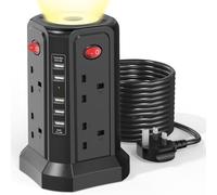 Extension Lead 5M with USB Slots and Night Light, (13A 3250W) 5 USB Ports and 8 Way Extension Tower, Surge Protection Extension Lead with Individual Switch, Black Extension Cable for Home Office
