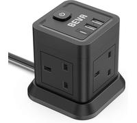 Extension Lead Cube 3M With USB Slots, BEVA 4 Way Extension Socket With 3 USB Ports, Power Strip With Switch Multi Plug Extension with 3 Metre Long Cable For Home Travel Office Dorm-Black…