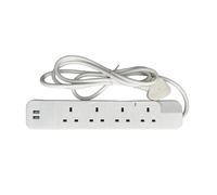 Extension Lead UK Pin Plug and Cable - Multi Socket Mains Strip (4 Gang - 2 Metres + 2 USB PORTS, White)