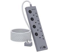 Extension Lead with 4 USB Slots(2 USB C), HANYCONY 4 Way Plug Extension Socket with Individual Switches, 1.8M Extension Cable, Wall Mount, Gray Desk Power Strip for Bedroom Office Accessories