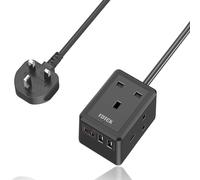 Extension Lead with USB C Slots, FDTEK Mini Plug Extension Cube with 3 way Outlets and 4 USB Ports, Travel Extension Socket with 1.5M Cord, UK Mountable Power Strip for Home Office Cruise-Black