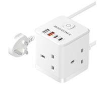 Extension Lead with USB Slots, 20W USB-C Fast Charger | 4 USB (QC3.0/PD20W), 3 Way Plug Extension, Compact Cube Extension Lead for Home, Office, Dorm Room, 2M, 13A/3250W