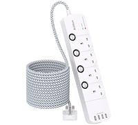 Extension Lead with USB Slots, 4 Way Socket Outlets Power Strips with 4 USB, 1050J Surge Protection Multi Plug Extension with Braided Extension Cable for Home, Office, Individually Switched, White