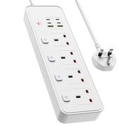 Extension Lead with USB Slots, 4 Way Sockets Outlets with 4 USB-C Ports and 2 USB Ports, 3250W Individual Switches 1.8M Extension Cable with Protected Power Strips, UK Multi Plug Adapter