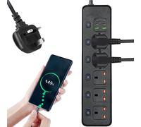 Extension Lead with USB Slots, 6 Way Surge Protected Extension Lead with Individual Switches and Indicator Lights, Extension Cable 2M, 13 Amp 6 Gang Power Strip Lead for Home Office, Black