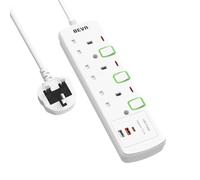 Extension Lead with USB Slots, BEVA 3 Way Plug Extension With 2 USB-A and 1 USB-C, Individual Switched Extension Socket Mountable Power Strip with 1.5M Cable
