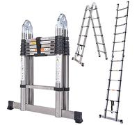 Extension Telescoping Ladder 2.5ft/3.8m A-Frame Heavy Duty Stainless Steel Folding Step Ladder with Stabilizer, 2-in-1 Collapsible Straight Ladder 330lb Max Load for Roof Work, Decorating, Painting