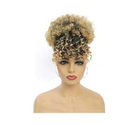 Extensions Synthetic Short Kinky Curly Drawstring Ponytail with Bangs, Clip in Afro High Puff Hair Bun Hairpiece for Women(1BT27)