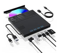 External CD/DVD Drive for Laptop - 7-in-1USB Portable CD/DVD Player Burner, High-Speed External Disk Drive with SD/TF Card Reader, 4 USB 3.0 Ports, Compatible with Windows 11/10, Linux, Mac (7 IN 1)