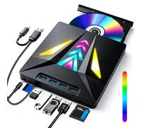 External CD DVD Drive for Laptop PC DVD Burner External USB 3.0 Drive | LED Breathing Light Optical +/-RW ROM Burn with 4 USB and SD/TF Card Ports for Windows 11/10/8/7/XP/Vista Linux MacOS