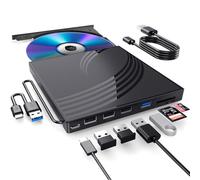 External CD/DVD Drive for Laptop, Ultra Slim CD Burner USB 3.0 Hub with 4 USB Ports, 2 TF/SD Card Slots,1 Type-C Port,DVD Player for Laptop Compatible with mac OS/Windows/Linux (Black)