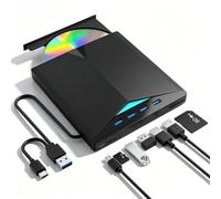 External CD DVD Drive for Laptop, USB 3.0 & Type-C Portable CD DVD +/-RW Burner Writer Reader with SD/TF Slot & 4 USB Ports, Slim Optical DVD Drive, CD Player for Windows 11/10/8/7/XP Linux macOS