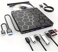 External CD DVD Drive, USB 3.0 & Type-C Portable Drive Reader CD/DVD +/-RW ROM Burner Rewriter with 4 USB Ports & SD/TF Optical Drive for Desktop PC Windows 11/10/8/7/XP Macbook Mac OS Linux /Vista