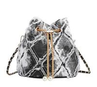 Extolove Denim Bucket Bag Quilted Drawstring Jean Purses for Women Denim Clutch Hobo Bags Crossbody Handbag, Black & White