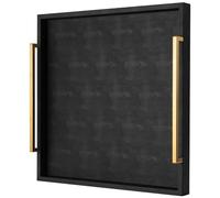 Extra Black Large Serving Tray with Handles for Ottoman,Versatile Shagreen Leather Square Ottoman Tray for Living Room