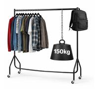 Extra Heavy Duty Clothes Rail 150kg Capacity 4ft L x 5ft H Metal Garment Rack, Lockable Wheels Portable, No Tool Assembly, Powder Coated Black, Strong & Durable for Home or Shop