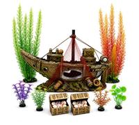 Extra Large 10 Inch Pirate Ship Aquarium Decor Set for 10-40 Gallon Tank, Resin Sunken Shipwreck with Treasure Chests & Plants, Fish Tank Decorations