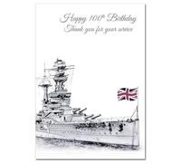 Extra Large 100th Birthday Card for him - XL Big thick A4 size - Exclusive handrawn Fine Art drawing Royal Navy Battleship Design - WW2 - Stunning Keepsake greeting - Special wishes 100 year old man