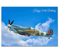 Extra Large 100th Birthday Card for Men - XL Big thick A4 size - Special Age Year - Cool WW2 Spitfire Airplane Plane Art - Traditional Greeting Him Male - Huge Happy Wishes - UK Eco-Friendly