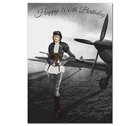 Extra Large 100th Birthday Card for Women - XL Big thick A4 size - Special Age Year - Black White Spitfire Airplane Art - Beautiful Female Greeting Her Huge Happy Wishes Nice - UK Eco-Friendly