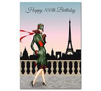 Extra Large 100th Birthday Card for Women - XL Big thick A4 size - Special Age Year - Cool Flapper 1920 Style Paris Art - Beautiful Female Greeting Her Huge Happy Wishes Nice - UK Eco-Friendly
