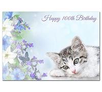 Extra Large 100th Birthday Card for Women - XL Big thick A4 size - Special Age Year - Cute Cat Flowers Watercolour Art - Beautiful Female Greeting Her Huge Happy Wishes Nice - UK Eco-Friendly