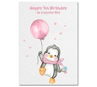 Extra Large 1st Birthday Card - 1 year old Girl Baby - XL Big A4 thick size - Kids First Age One Greeting - CuteFunny Penguin Pink Balloon Art Jump for Joy - Huge Happy Wishes - UK Eco-Friendly