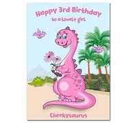 Extra Large 3rd Birthday Card - 3 year old Girl - XL Big A4 thick size - Age Three Greeting - Cute Dinosaur Funny Cheekysaurus Pink Dino - Huge Happy Wishes - Kids Third - UK Eco-Friendly