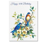 Extra Large 40th Birthday Card for Women - XL Big thick A4 size - Special Age Year - Pretty Bluebirds Watercolour Art - Beautiful Female Greeting Her Huge Happy Wishes Nice - UK Eco-Friendly