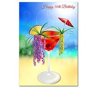 Extra Large 50th Birthday Card for Women - XL Big thick A4 size - Special Age Year - Cool Cocktail Summer Beach Art - Beautiful Female Greeting Her Huge Happy Wishes Nice - UK Eco-Friendly
