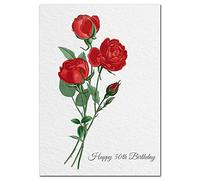 Extra Large 50th Birthday Card for Women - XL Big thick A4 size - Special Age Year - Flower Red Rose Watercolour Art - Beautiful Female Greeting Her Huge Happy Wishes Nice - UK Eco-Friendly