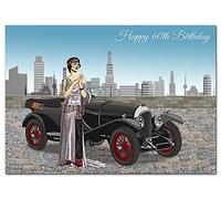 Extra Large 60th Birthday Card for Women - XL Big thick A4 size - Special Age Year - Vintage Car Flapper New York Art - Beautiful Female Greeting Her Huge Happy Wishes Nice - UK Eco-Friendly