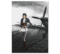 Extra Large 80th Birthday Card for Women - XL Big thick A4 size - Special Age Year - Black White Spitfire Airplane Art - Beautiful Female Greeting Her Huge Happy Wishes Nice - UK Eco-Friendly