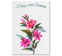 Extra Large 80th Birthday Card for Women - XL Big thick A4 size - Special Age Year - Pretty Pink Flower Watercolour Art - Beautiful Female Greeting Her Huge Happy Wishes Nice - UK Eco-Friendly