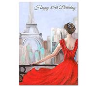 Extra Large 80th Birthday Card for Women - XL Big thick A4 size - Special Age Year - Romantic Watercolour Paris Art - Beautiful Female Greeting Her Huge Happy Wishes Nice - UK Eco-Friendly