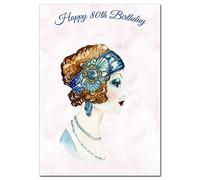 Extra Large 80th Birthday Card for Women - XL Big thick A4 size - Special Age Year - Watercolour Retro Portrait Art - Beautiful Female Greeting Her Huge Happy Wishes Nice - UK Eco-Friendly