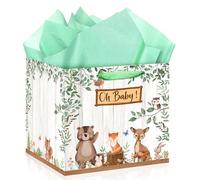 Extra Large Baby Gift Bag, Woodland Animal Square Gift Bag Sage Green Baby Shower Jumbo Gifts Bag with Handles and Tissue Papers Oh Baby Wrapping Paper Bag for New Parents Gender Reveal Party Favors