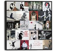 Extra Large Banksy Collage Framed Canvas Wall Art Print - XXL Graffiti Street Art Picture 100cm x 100cm