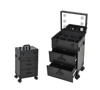 Extra Large Beauty Trolley On Wheels Makeup Train Case -Rolling Trolley Makeup Beauty Train Carry Case Cosmetics Art Cosmetic Box Artist Nail Technician Case Travelling Trolley Box(Black Plug in)