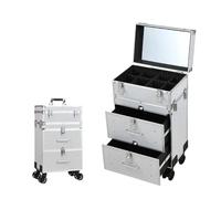 Extra Large Beauty Trolley On Wheels Makeup Train Case -Rolling Trolley Makeup Beauty Train Carry Case Cosmetics Art Cosmetic Box Artist Nail Technician Case Travelling Trolley Box(Silver HD Mirror)