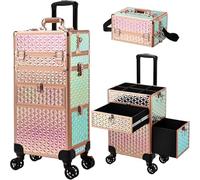 Extra Large Beauty Trolley On Wheels Makeup Train Case -Rolling Trolley Makeup Beauty Train Carry Case Cosmetics Art Cosmetic Box Artist Nail Technician Case Travelling Trolley Box(Rose Gold)